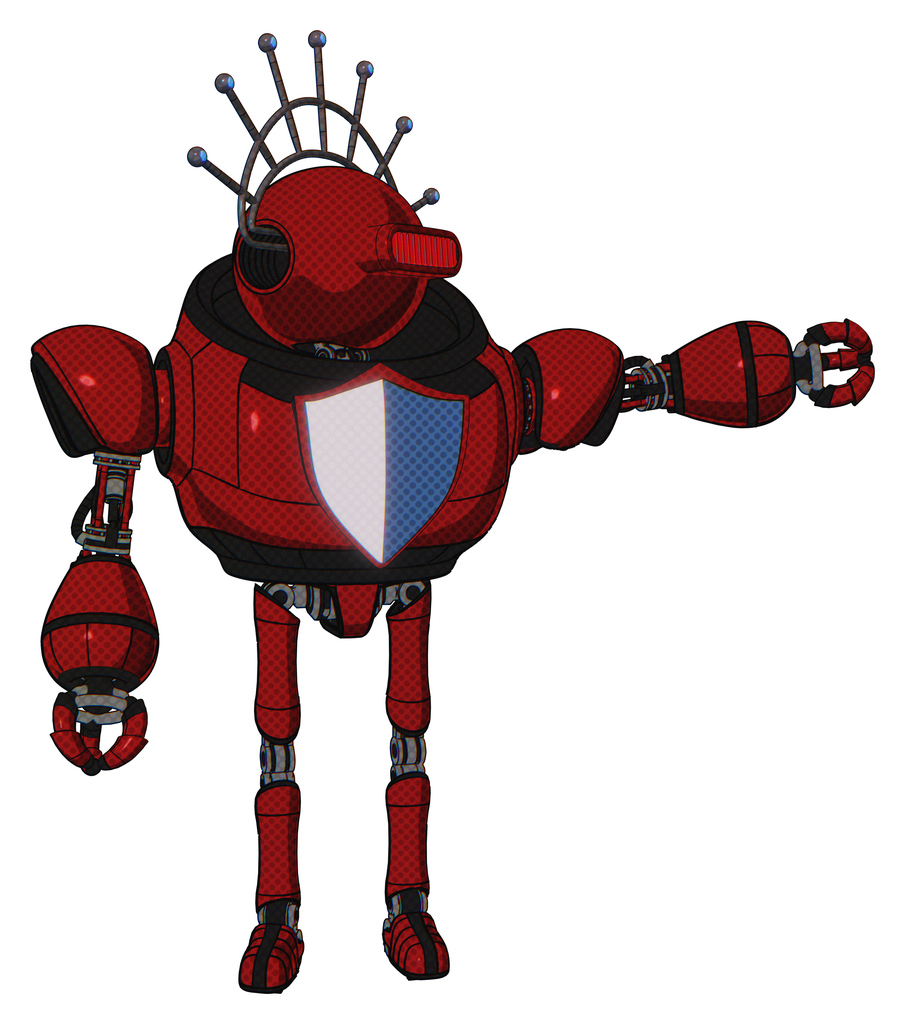 Robot containing oval wide head and red horizontal visor and techno halo ornament and heavy upper chest and blue shield defense design and ultralight foot exosuit. Dark red.