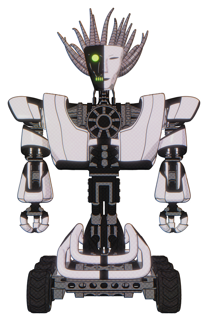 Automaton containing humanoid face mask and two-face black white mask and heavy upper chest and heavy mech chest and six-wheeler base. White halftone toon. Front view.