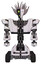 Automaton containing humanoid face mask and two-face black white mask and heavy upper chest and heavy mech chest and six-wheeler base. White halftone toon. Front view.