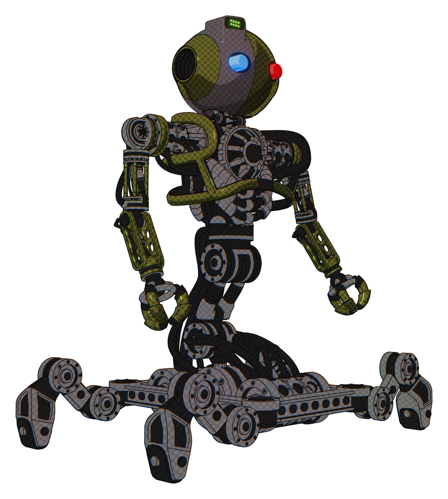 Mech containing oval wide head and giant blue and red led eyes and green led ornament and heavy upper chest and no chest plating and insect walker legs. Army green halftone. Facing left view.