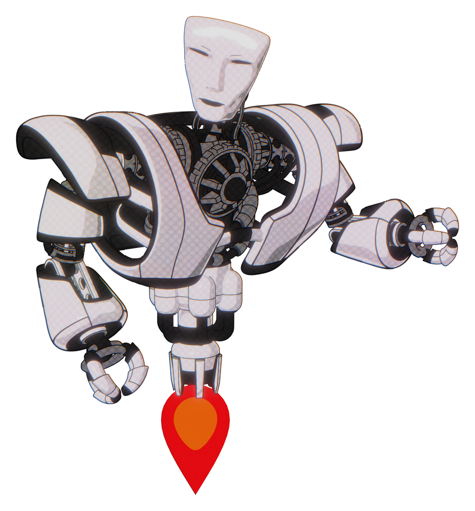 Android containing humanoid face mask and heavy upper chest and heavy mech chest and jet propulsion. White halftone toon. Fight or defense pose..