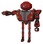 Droid containing oval wide head and giant blue and red led eyes and heavy upper chest and heavy mech chest and green cable sockets array and ultralight foot exosuit. Cherry tomato red.