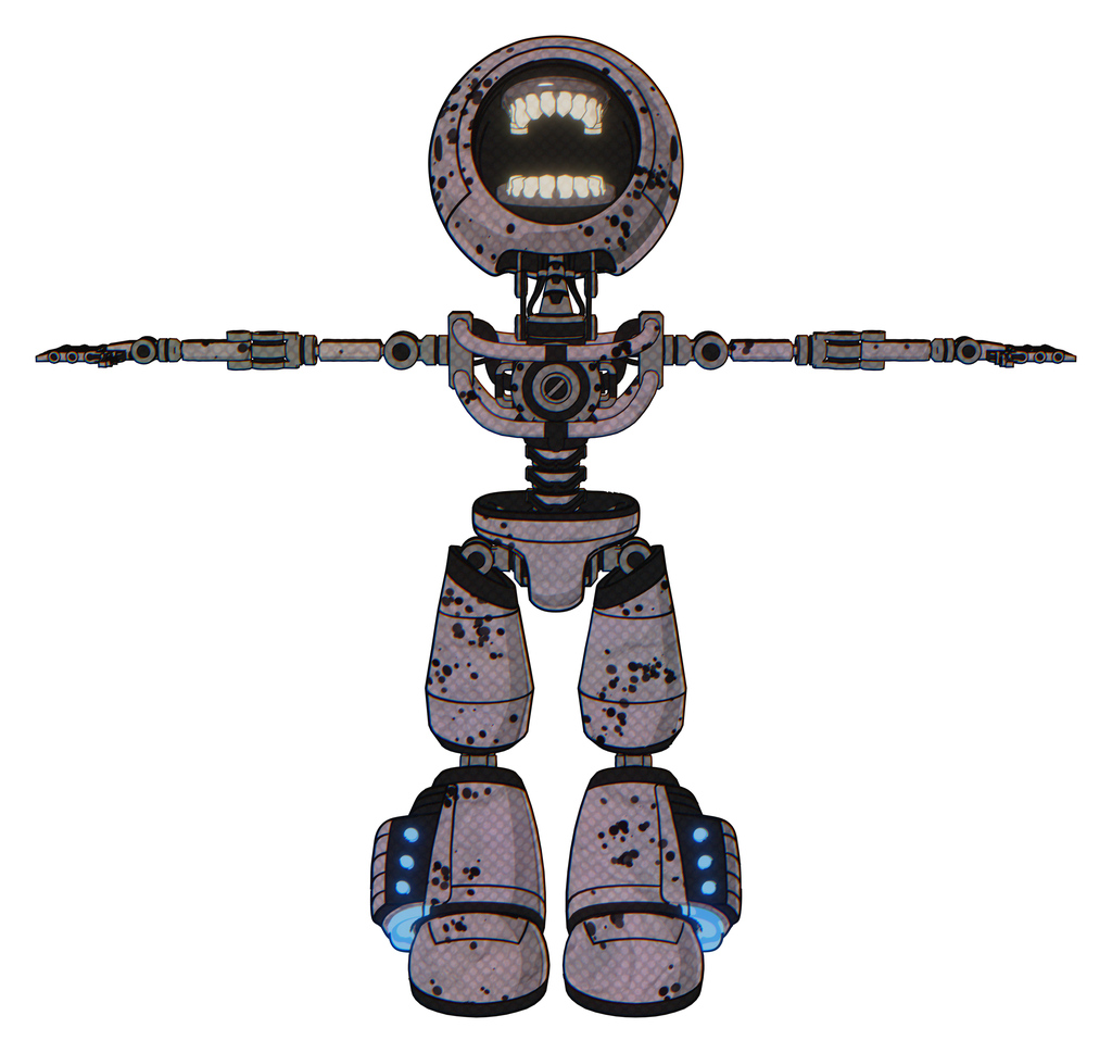 Automaton containing round head chomper design and light chest exoshielding and no chest plating and light leg exoshielding and megneto-hovers foot mod. Dark ink dots sketch. T-pose.