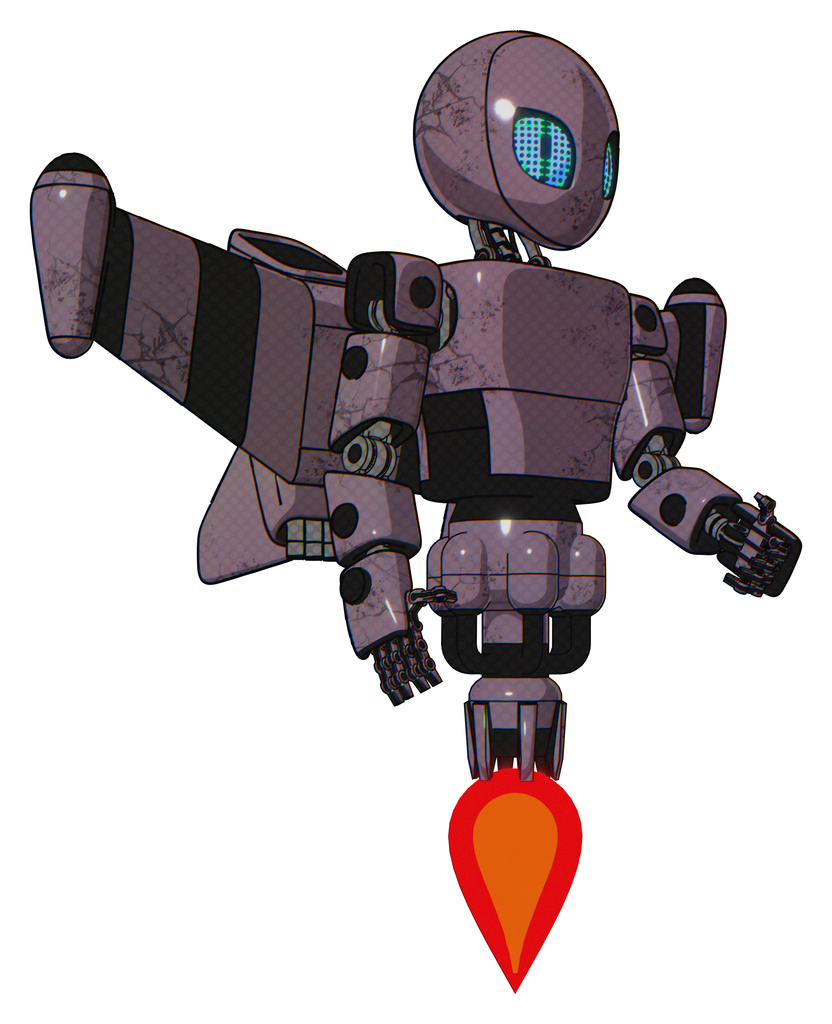 Droid containing grey alien style head and blue grate eyes and light chest exoshielding and prototype exoplate chest and stellar jet wing rocket pack and jet propulsion. Lilac metal. Facing left view.