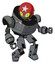 Bot containing grey alien style head and yellow eyes with blue pupils and stars and red helmet and heavy upper chest and prototype exoplate legs. Patent concrete gray metal. Fight or defense pose..