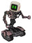 Bot containing old computer monitor and pixel line eyes and red buttons and heavy upper chest and no chest plating and tank tracks. Powder pink metal. Fight or defense pose..