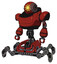 Bot containing oval wide head and sunshine patch eye and steampunk iron bands with bolts and heavy upper chest and insect walker legs. Cherry tomato red. Standing looking right restful pose.