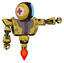 Robot containing round head and large vertical visor and first aid emblem and heavy upper chest and heavy mech chest and green cable sockets array and jet propulsion. Construction yellow halftone.