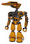 Automaton containing dual retro camera head and laser gun head and heavy upper chest and no chest plating and light leg exoshielding. Primary yellow halftone. Standing looking right restful pose.
