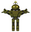 Robot containing oval wide head and yellow eyes and minibot ornament and light chest exoshielding and prototype exoplate chest and stellar jet wing rocket pack and prototype exoplate legs.