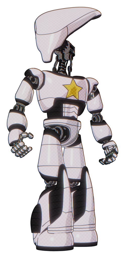 Droid containing flat elongated skull head and light chest exoshielding and yellow star and light leg exoshielding and stomper foot mod. White halftone toon. Hero pose.