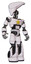 Droid containing flat elongated skull head and light chest exoshielding and yellow star and light leg exoshielding and stomper foot mod. White halftone toon. Hero pose.