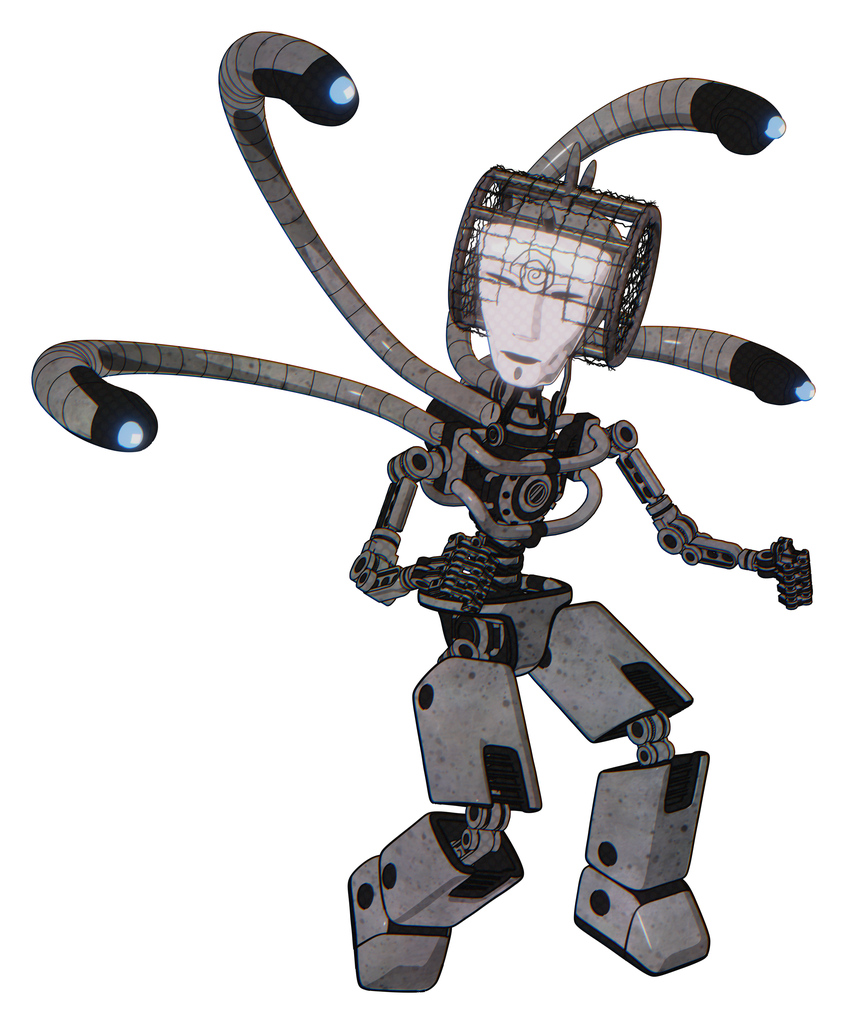 Bot containing humanoid face mask and spiral design and light chest exoshielding and blue-eye cam cable tentacles and no chest plating and prototype exoplate legs. Unpainted metal.