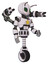 Droid containing grey alien style head and led array eyes and bug antennas and light chest exoshielding and yellow star and minigun back assembly and unicycle wheel. White halftone toon.