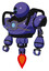 Droid containing dual retro camera head and black circle blue eyes head and heavy upper chest and chest blue energy core and jet propulsion. Primary blue halftone. Standing looking right restful pose.
