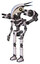 Bot containing bird skull head and yellow led protruding eyes and head shield design and light chest exoshielding and minigun back assembly and no chest plating and ultralight foot exosuit.