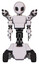 Mech containing grey alien style head and black eyes and light chest exoshielding and prototype exoplate chest and minigun back assembly and six-wheeler base. White halftone toon. Front view.