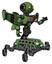 Robot containing oval wide head and yellow eyes and light chest exoshielding and red energy core and stellar jet wing rocket pack and insect walker legs. Grass green. Interacting.