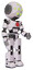 Cyborg containing round head and green eyes array and light chest exoshielding and red chest button and prototype exoplate legs. White halftone toon. Facing left view.
