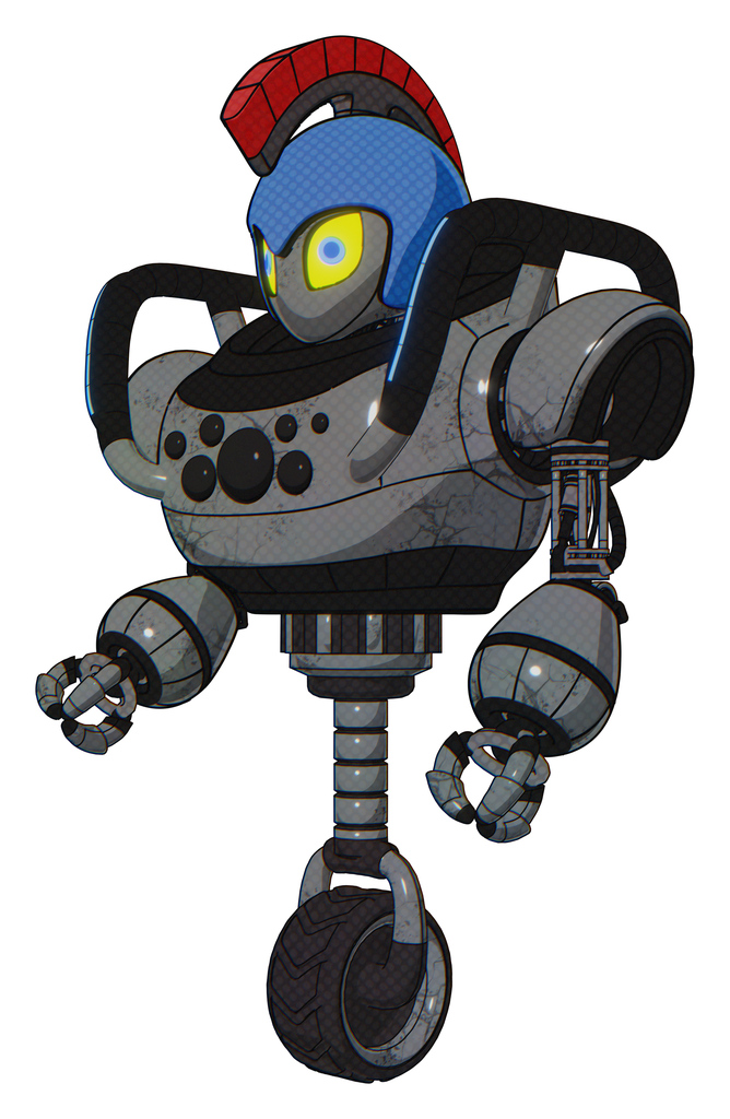 Bot containing grey alien style head and yellow eyes with blue pupils and galea roman soldier ornament and blue helmet and heavy upper chest and chest compound eyes and blue strip lights .