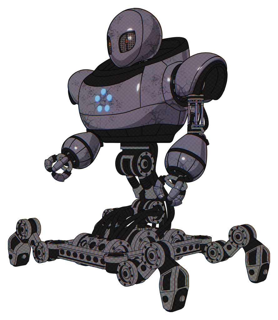 Cyborg containing grey alien style head and metal grate eyes and heavy upper chest and circle of blue leds and insect walker legs. Light lavender metal. Facing right view.