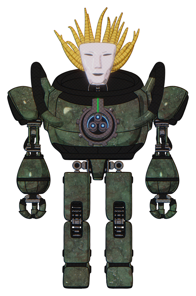 Bot containing humanoid face mask and heavy upper chest and chest energy gun and prototype exoplate legs. Old corroded copper. Front view.