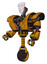 Droid containing humanoid face mask and heavy upper chest and heavy mech chest and unicycle wheel. Worn construction yellow. Facing right view.