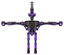 Robot containing dual retro camera head and wireless internet transmitter head and heavy upper chest and no chest plating and ultralight foot exosuit. Secondary purple halftone. T-pose.