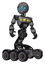 Robot containing grey alien style head and blue grate eyes and light chest exoshielding and yellow chest lights and six-wheeler base. Patent concrete gray metal. Hero pose.