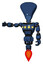 Robot containing flat elongated skull head and light chest exoshielding and yellow chest lights and jet propulsion. Dark blue halftone. Arm out holding invisible object..