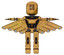Bot containing round head and three lens sentinel visor and light chest exoshielding and ultralight chest exosuit and cherub wings design and prototype exoplate legs. Construction yellow halftone.