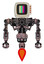 Droid containing old computer monitor and please stand by pixel design and red buttons and heavy upper chest and no chest plating and jet propulsion. Grayish pink. Front view.