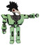 Automaton containing bird skull head and red led circle eyes and crow feather design and heavy upper chest and heavy mech chest and prototype exoplate legs. Green tint toon.