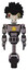 Droid containing bird skull head and yellow and green scope eyes and crow feather design and light chest exoshielding and yellow star and unicycle wheel. Halftone gray. Front view.
