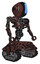 Automaton containing round head and large vertical visor and head light gadgets and heavy upper chest and no chest plating and tank tracks. Steampunk copper. Facing left view.