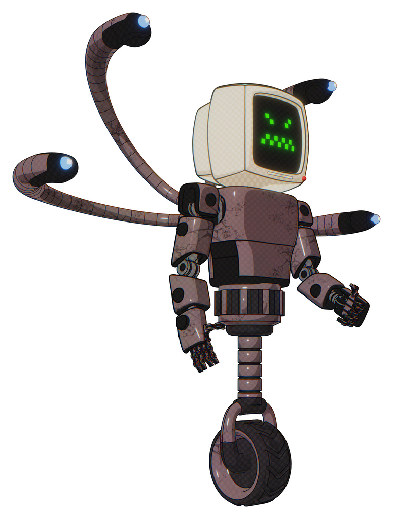 Droid containing old computer monitor and angry pixels face and light chest exoshielding and prototype exoplate chest and blue-eye cam cable tentacles and unicycle wheel. Dusty rose red metal.