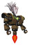 Cyborg containing humanoid face mask and red slashes war paint and heavy upper chest and heavy mech chest and green energy core and jet propulsion. Old copper. Facing left view.
