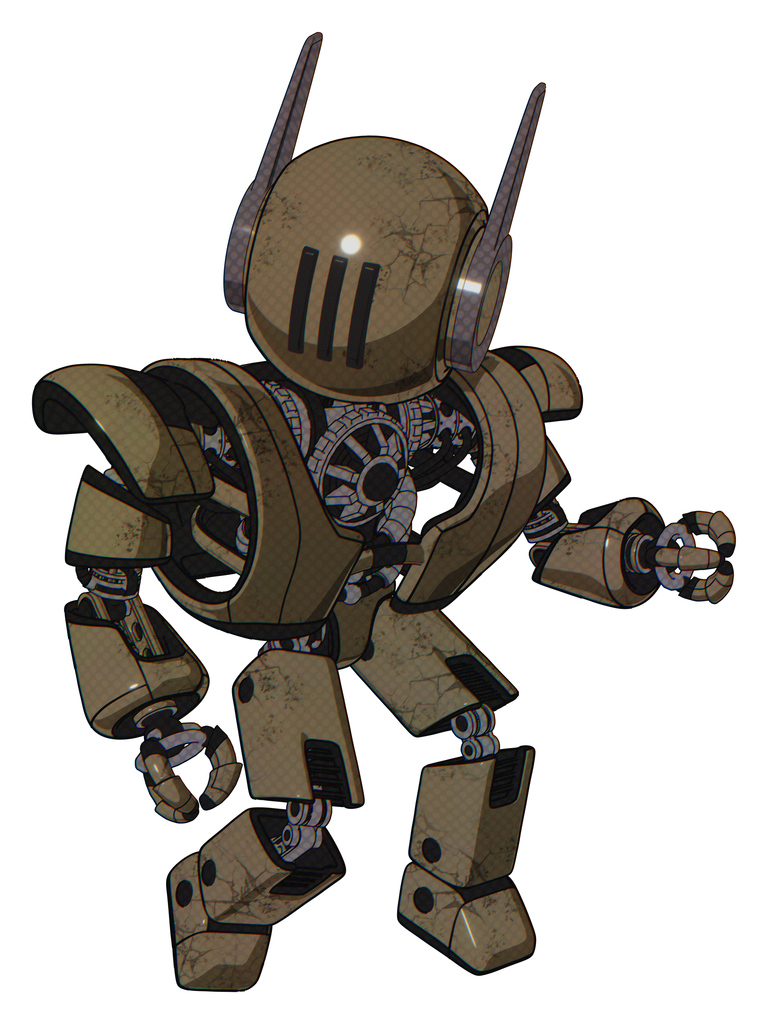 Automaton containing round head and three lens sentinel visor and head winglets and heavy upper chest and heavy mech chest and prototype exoplate legs. Desert tan painted. Fight or defense pose..