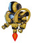 Bot containing round head and large vertical visor and heavy upper chest and heavy mech chest and spectrum fusion core chest and jet propulsion. Construction yellow halftone. Facing right view.