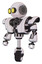 Automaton containing round head and large yellow eyes and heavy upper chest and heavy mech chest and unicycle wheel. White halftone toon. Standing looking right restful pose.