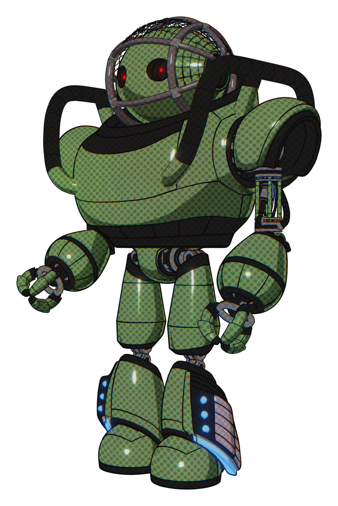 Robot containing oval wide head and small red led eyes and barbed wire cage helmet and heavy upper chest and light leg exoshielding and megneto-hovers foot mod. Grass green. Facing right view.