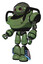 Robot containing oval wide head and small red led eyes and barbed wire cage helmet and heavy upper chest and light leg exoshielding and megneto-hovers foot mod. Grass green. Facing right view.