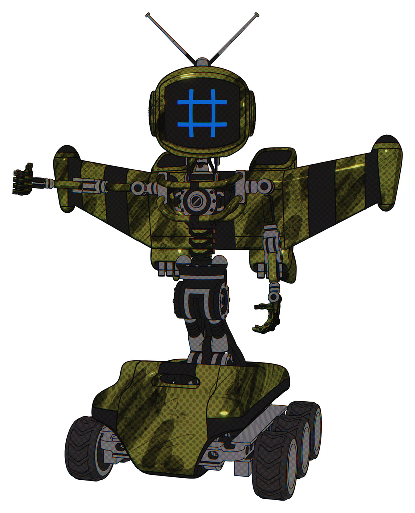 Mech containing digital display head and hashtag face and retro antennas and light chest exoshielding and stellar jet wing rocket pack and no chest plating and six-wheeler base. Grunge army green.