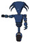 Robot containing flat elongated skull head and light chest exoshielding and prototype exoplate chest and unicycle wheel. Dark blue halftone. Arm out holding invisible object..