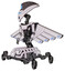 Droid containing flat elongated skull head and visor and light chest exoshielding and ultralight chest exosuit and cherub wings design and insect walker legs. White halftone toon. Facing right view.