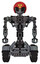 Mech containing grey alien style head and black eyes and triangle design and red helmet and heavy upper chest and no chest plating and tank tracks. Patent concrete gray metal. Front view.