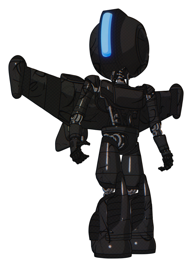 Cyborg containing round head and large vertical visor and light chest exoshielding and ultralight chest exosuit and stellar jet wing rocket pack and light leg exoshielding and stomper foot mod.
