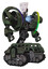 Droid containing humanoid face mask and heavy upper chest and heavy mech chest and spectrum fusion core chest and tank tracks. Old corroded copper. Hero pose.