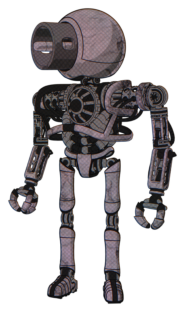 Cyborg containing cable connector head and heavy upper chest and no chest plating and ultralight foot exosuit. Dark dirty scrawl sketch. Standing looking right restful pose.