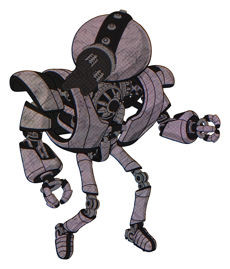 Automaton containing gatling gun face design and heavy upper chest and heavy mech chest and ultralight foot exosuit. Sketch fast lines. Fight or defense pose..